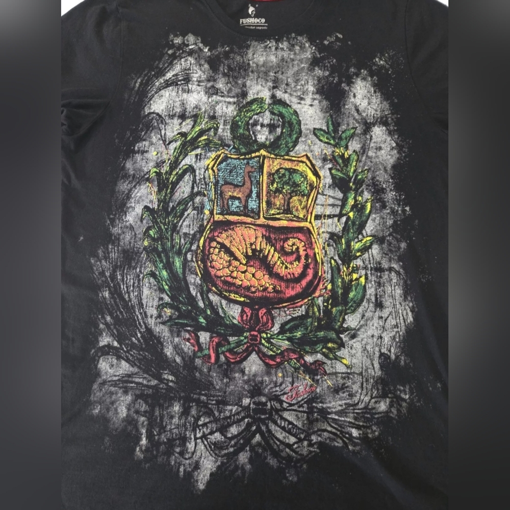 T-SHIRT MEN'S BLACK  PERÚ ESCUDO FUSHOCO 100% COTTON LARGE - Picture 4 of 11